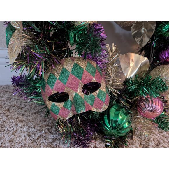 Large Handmade Mardi Gras 21" Wreath Mask Front Door Decor Purple Gold Green - Picture 6 of 8